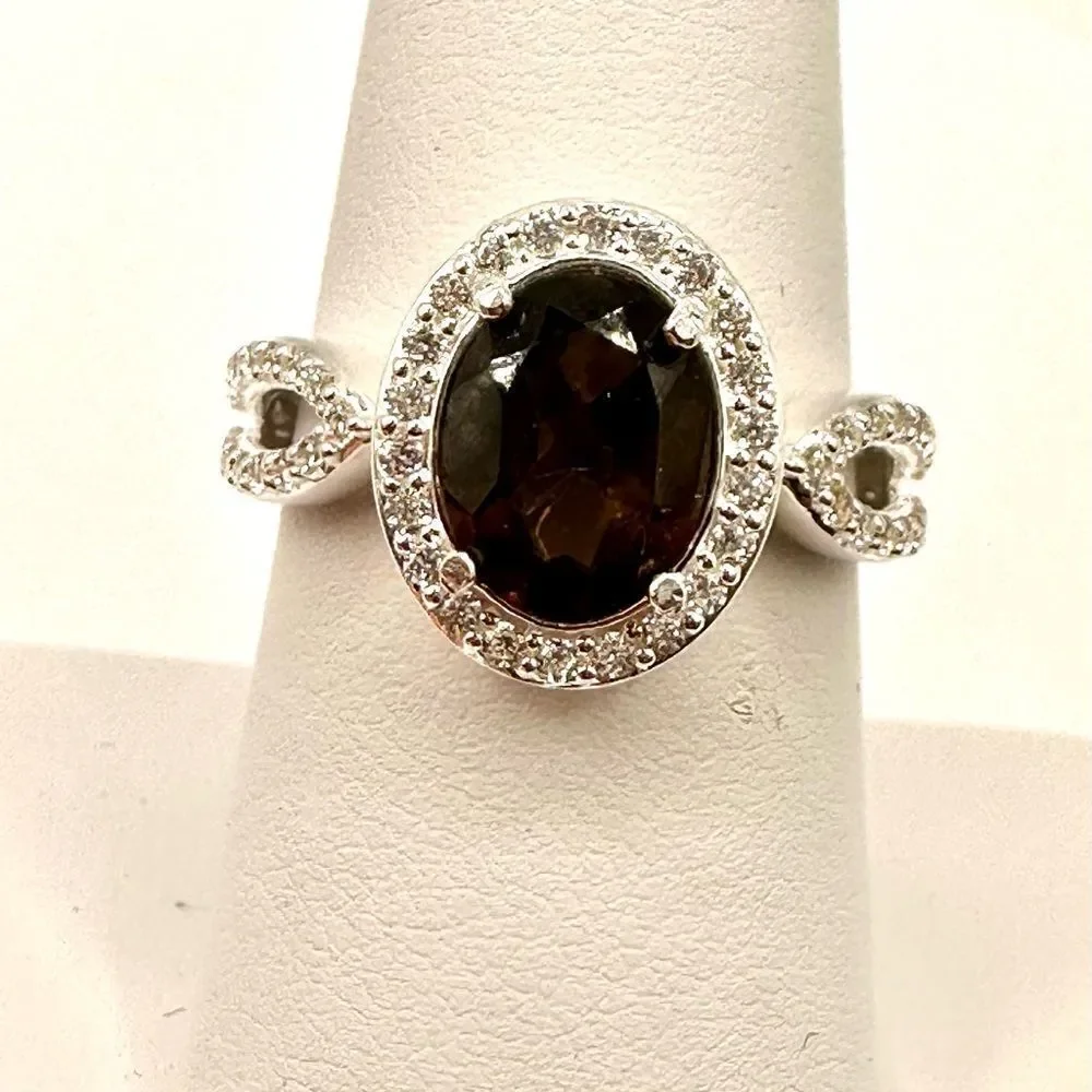 1.5ct Smokey quartz set in‎ solid sterling silver ring with cz diamonds!